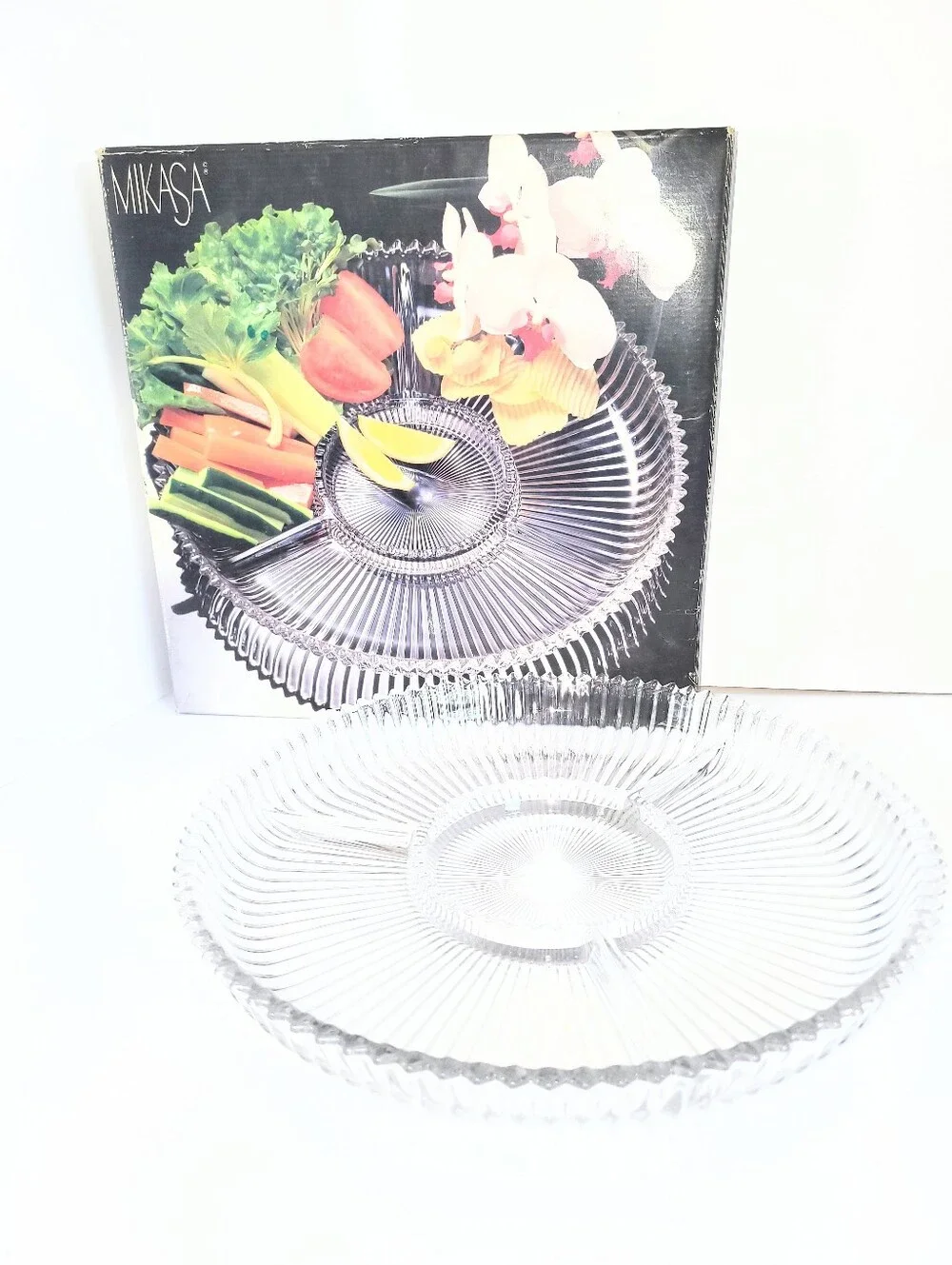 NIB Vintage 1980s Mikasa Crystal Diamond Fire Divided Serving Platter 14 Inch